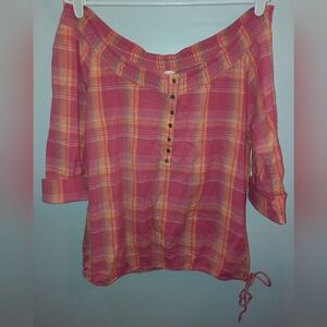 Maurices large Peasant Top pink plaid, tie at waist excellent used condition